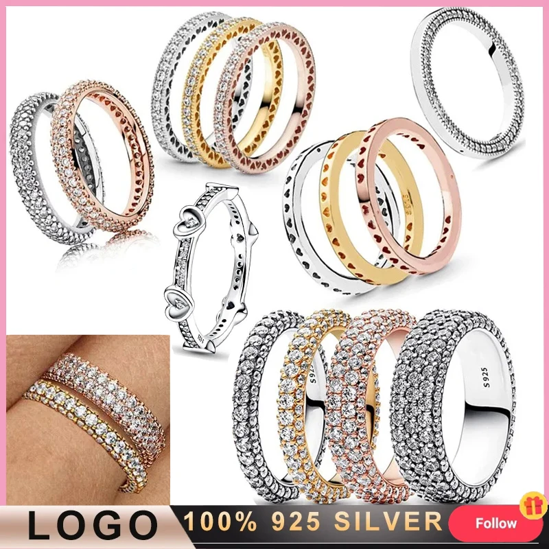 New Women's Classic 925 Silver Original Logo Overlaid with Love Hollow Timeless Pav é Set Ring Fashion DIY Charming Jewelry Gift