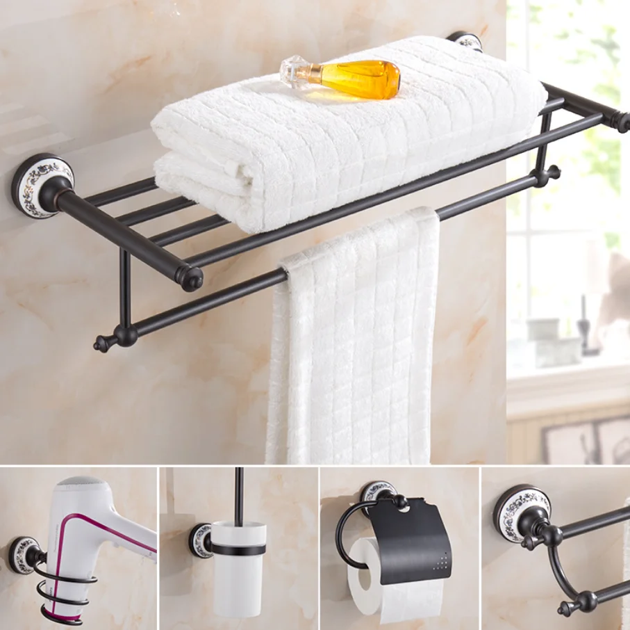 Ceramic Series Black Bronze Copper Bathroom Accessories Towel Shelf Towel Bar Tempered shelves Hotel Hardware Pendant