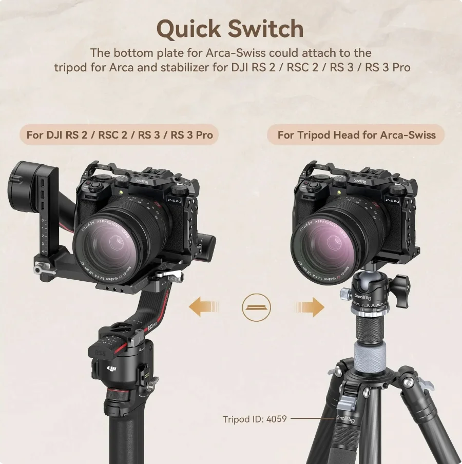 스몰리그 후지필름 X-S20 카메라 케이지, Arca Swiss 퀵 릴리스 플레이트, DJI RS 3 / RS 3 프로 짐벌, 콜드 슈 4230