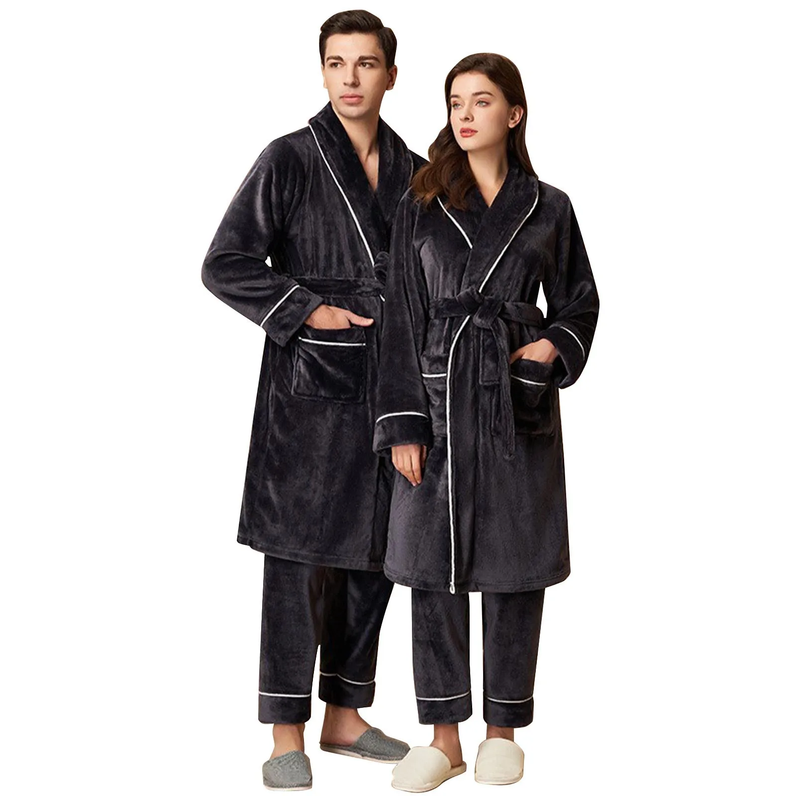 

Winter Flannel Lovers Robe Gown Elegant Solid Casual Sleepwear Nightgown Keep Warm Men And Women Bathrobe Gown Homwear Pajamas