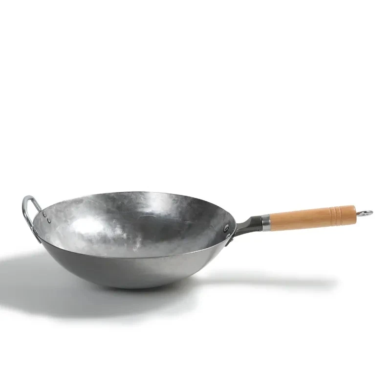 

Traditional Hand Hammered Carbon Steel Pow Wok with Wooden and Steel Helper Handle, Round Bottom Iron Wok Cast Iron Pot