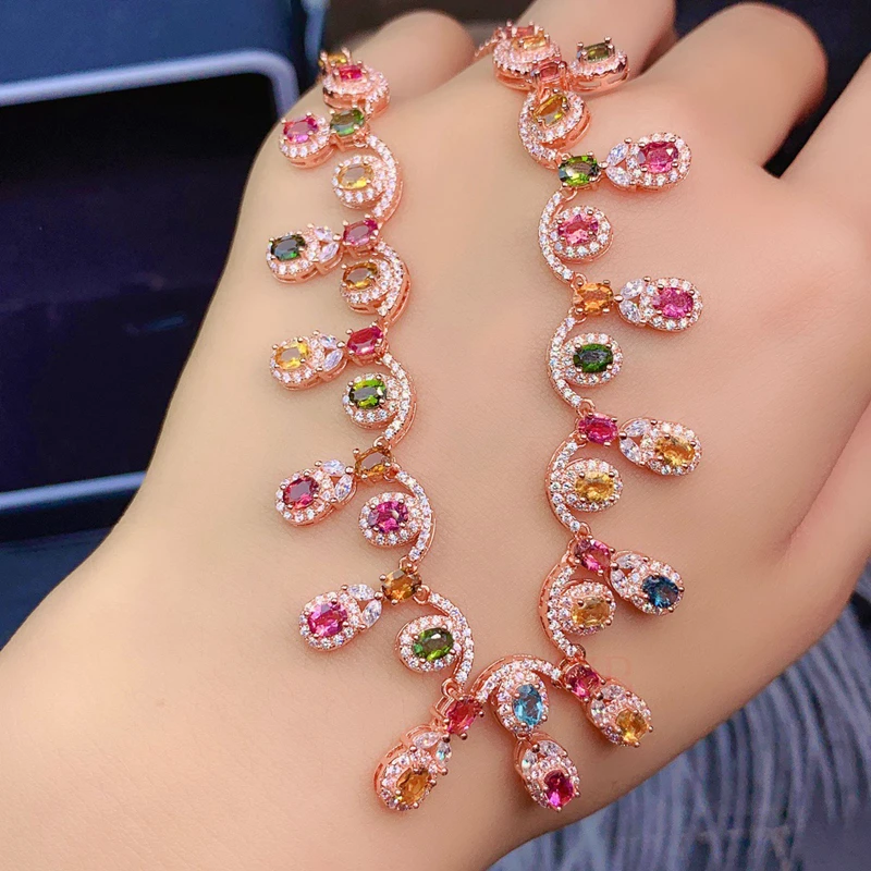 925 sterling silver natural Tourmaline necklace, simple and exquisite senior dress goddess must-have 4*6mm