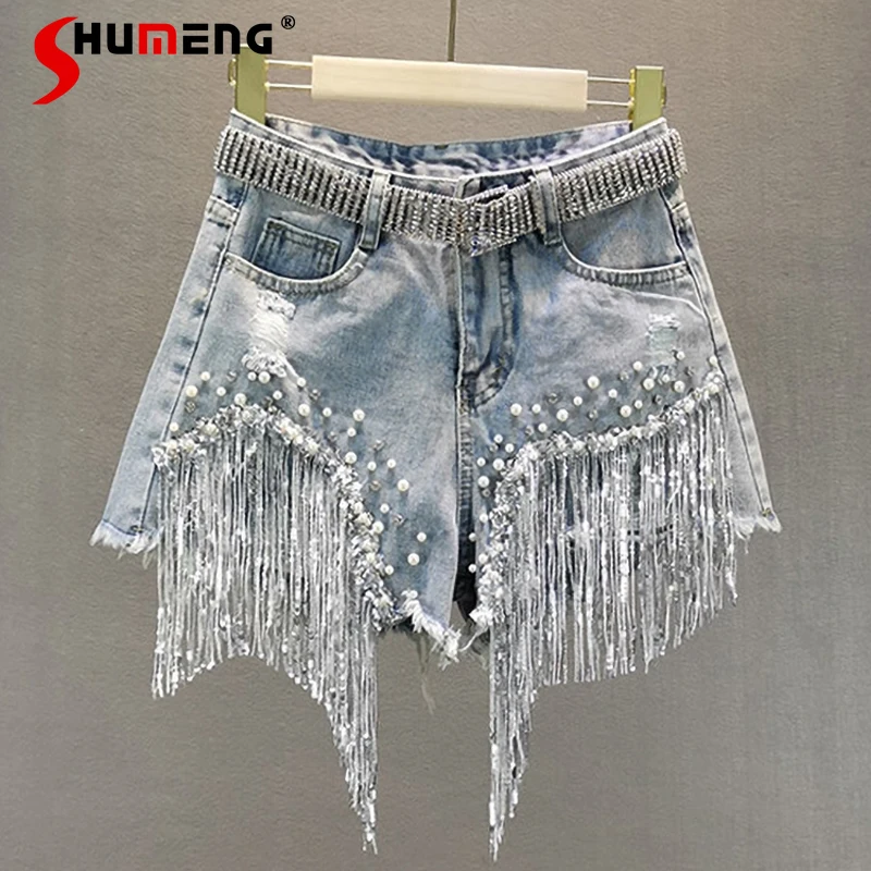 2024 Spring Summer Denim Shorts for Women New European High Waist Slim Bottom Ripped Beaded Fringed Wide Leg Short Pants