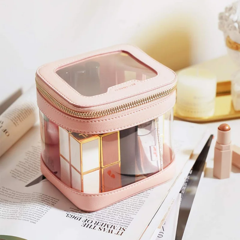 Rownyeon Portable Pink Clear PVC Square Travel Make up Pouch