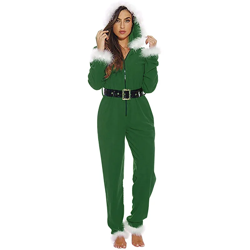 

Christmas Romper Women Winter Clothes Casual Fluffy Trim Patchwork Zipper Long Sleeve Hooded Romper with Belt Homewear Sleepwear