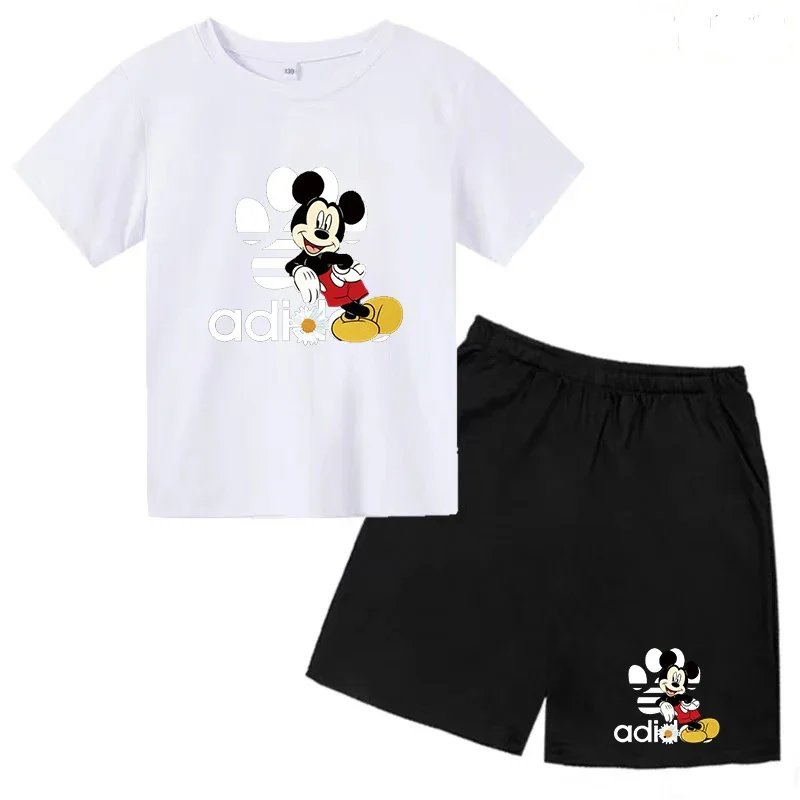 Camiseta y pantalones cortos con estampado de Mickey Mouse de verano para niños y adolescentes, traje de 2 piezas, ropa deportiva informal para niños y niñas, conjunto de moda Sunshine