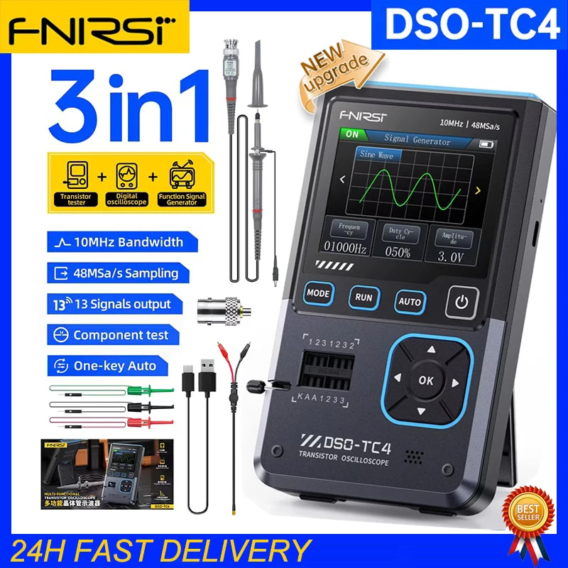 FNIRSI DSO-TC4 Upgrade 3 in 1 Digital Oscilloscope 10MHz 48Ms/s Transistor Tester Electronics Component Tester USB Charger Tools digital oscilloscope transistor tester
