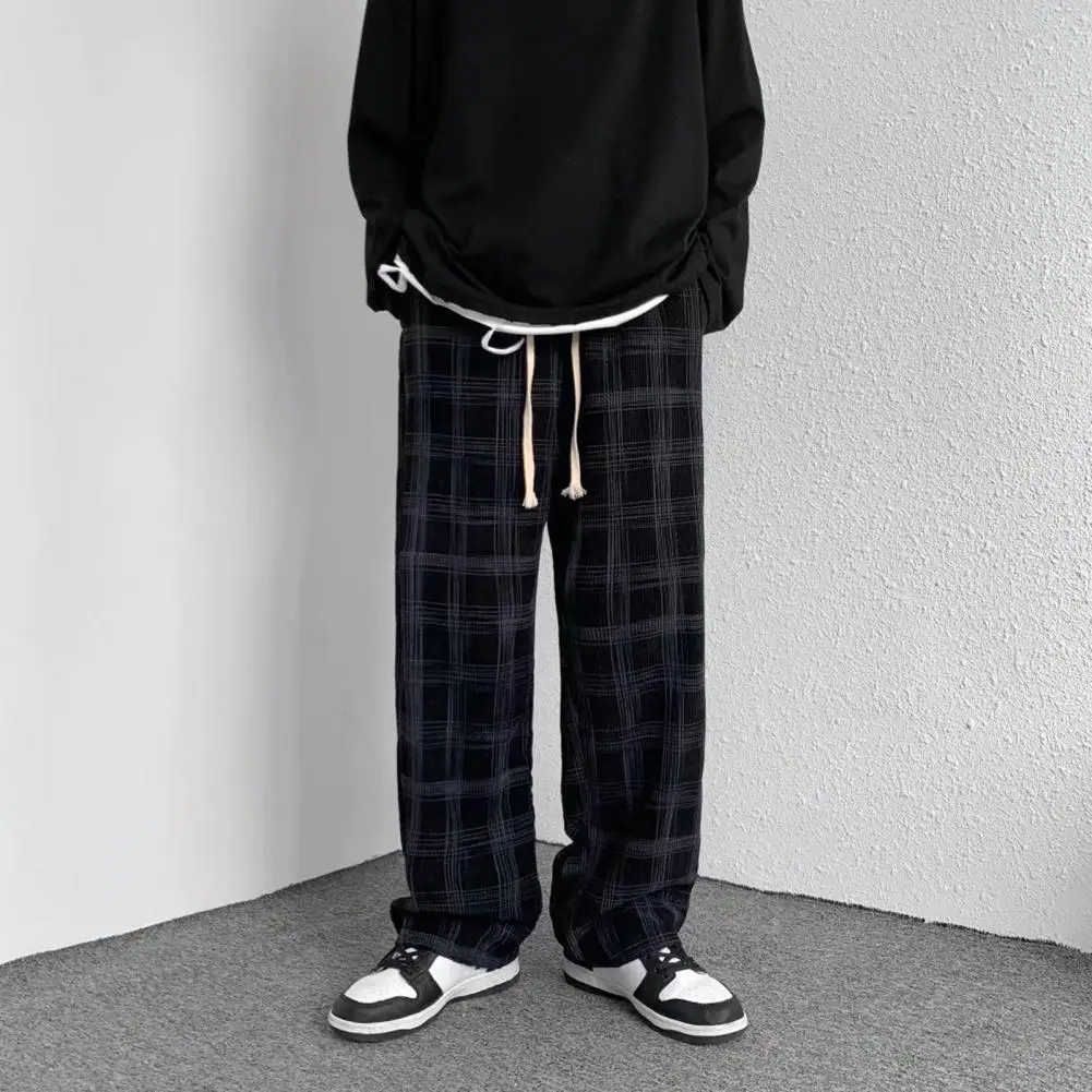 Men Mid-Rise Drawstring Pockets Straight Wide Leg Pants Plaid Print Loose Casual Pants for men Streetwear pantalones hombre