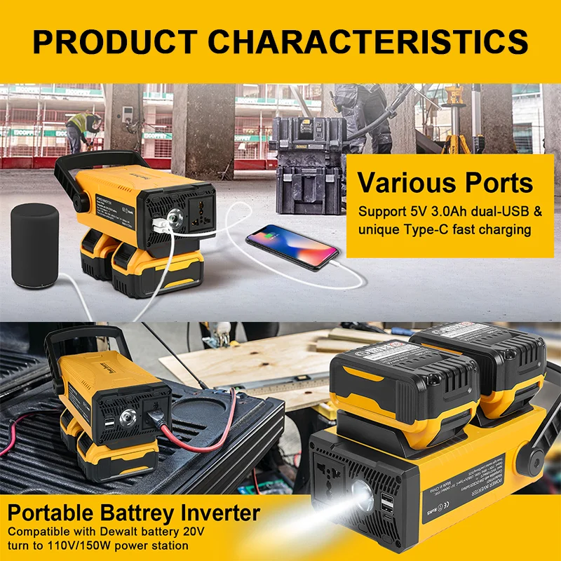 180W Power Inverter For 18V Batteries – AC Outlet, 2 USB, Type-C & 400LM Work Light – Portable Power Station For Camping & Emergencies