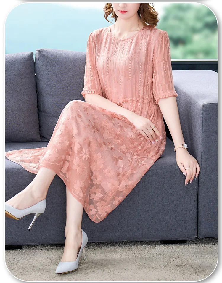

Korean Pink O Neck Short Sleeve Summer Women's Embroidered Dress Elegant Simple Slim Casual Vestidos 2023 New