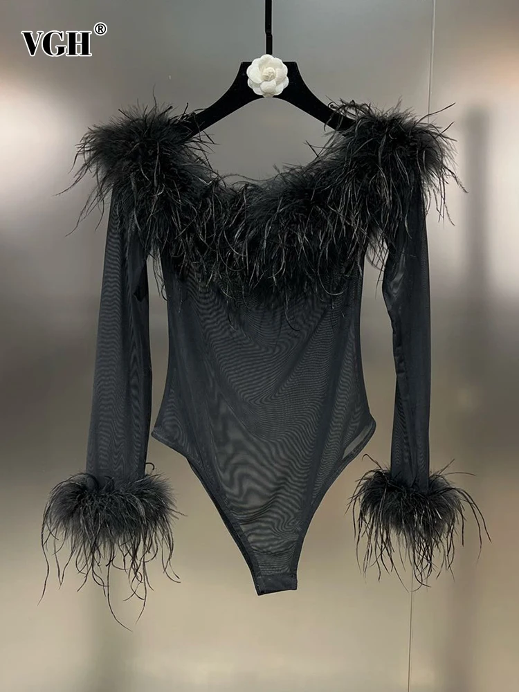 

VGH Solid Patchwork Feathers Sexy Bodysuits For Women Slash Neck Long Sleeve High Waist Off Shoulder Slimming Bodysuit Female