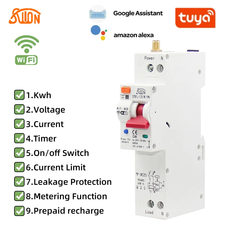 TUYA 1P single Phase RCBO WIFI Smart Energy Meter Kwh Metering Monitoring Circuit Breaker Timer Relay with Leakage Protection40A