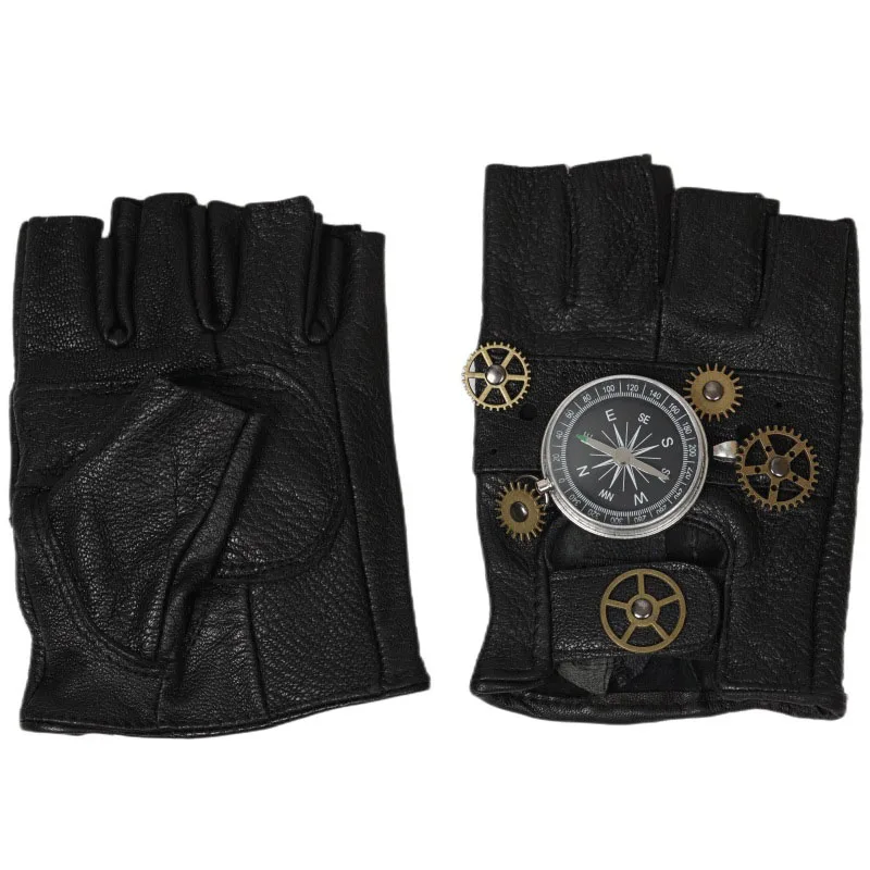 Steampunk PU Leather Fingerless Compass Gloves Medieval Men Women Fashion Hip Hop Punk Gloves Half Finger Gloves