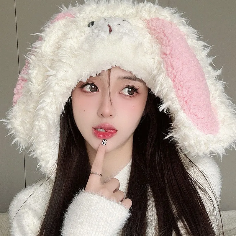 

New Cute Plush Rabbit Ears Lei Feng Hat Women's Winter Sweet Warm Ear Protection Hats Reducing Age Trend Pullover Beanie Cap
