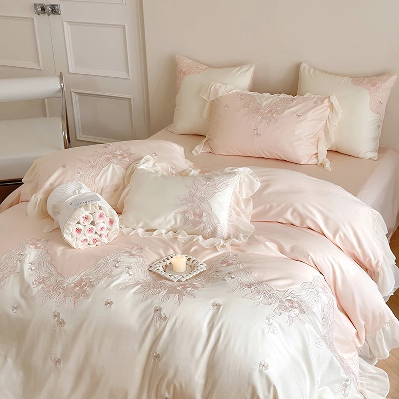French Romantic Lace Ruffles Bedding Set Flowers Embroidery