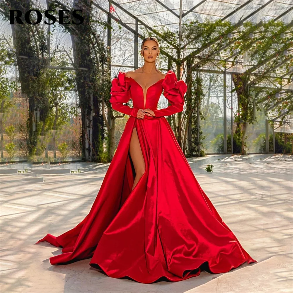 

ROSES Stain A Line Long Party Dresses V Neck Full Sleeves Vintage Night Dresses Side Split Celebrity Dresses vestidos de fiesta