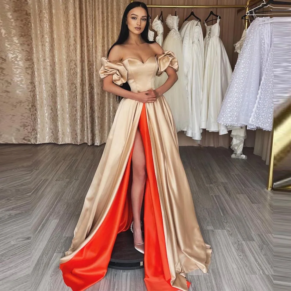 

Xijun Gorgeous High Side Split Satin Prom Dresses Sweetheart Puff Sleeves A-Line Pleat Ruched Evening Dress Party Gown