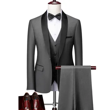 Men Skinny 3 Pieces Set Formal Slim Fit Tuxedo Prom Suit / Male Groom Wedding Blazers High Quality Dress Jacket Coat Pants Vest 9