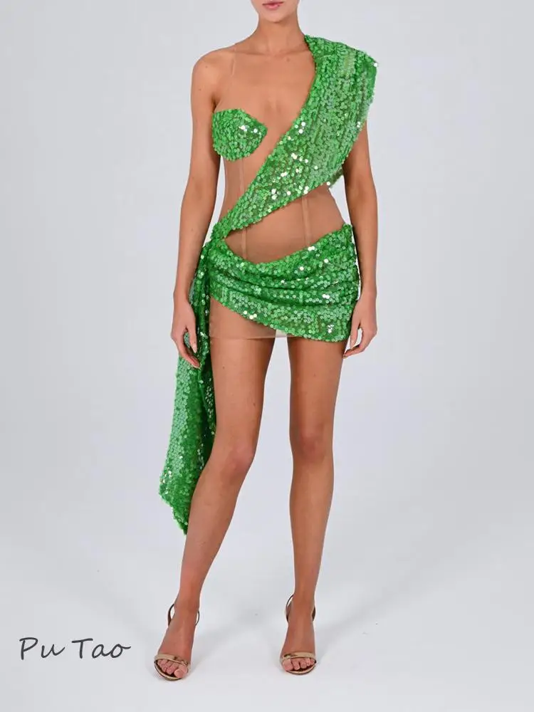 

Женское коктейльное платье PuTao, короткое блестящее зеленое платье для выпускного вечера с одним открытым плечом и блестками в стиле пэчворк, сексуальное короткое платье для ночного клуба и выпускного вечера