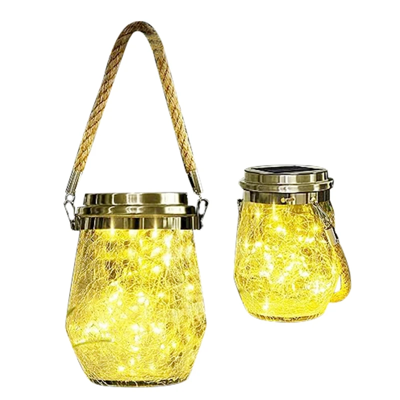 

2Pcs Outdoor Solar Lantern Waterproof Solar Lantern For Christmas Lights LED Hanging Cracked Glass For Outside Garden Decoration