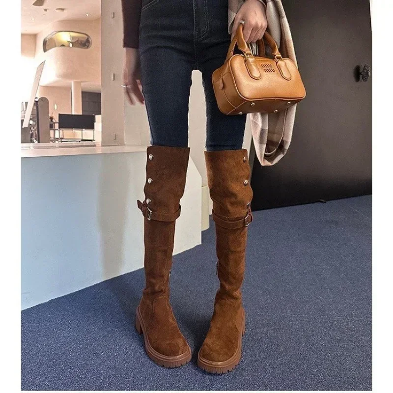 Over The Knee Cowboy Boots Women  Designer Winter Platform Shoes Fashion Fur Suede Wedges Thigh High Boots Motorcycle Shoes 2024