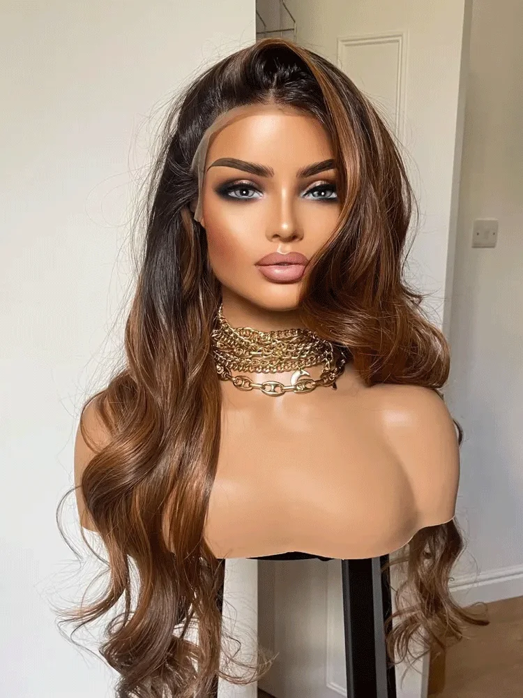 Natural Soft Hair Lace Font Synthetic Wig With Golden Highlights And Black Root/ Bouncy Wavy Part Wig For Women Daily Party Use