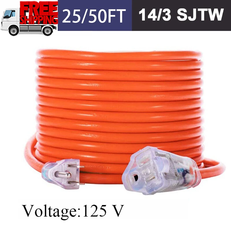 

25/50 FT Outdoor Extension Cord SJTW 14/3 Lighted Wire Orange Electrical Supply Cable 3 Prong Generator Plug Socket Power Cord