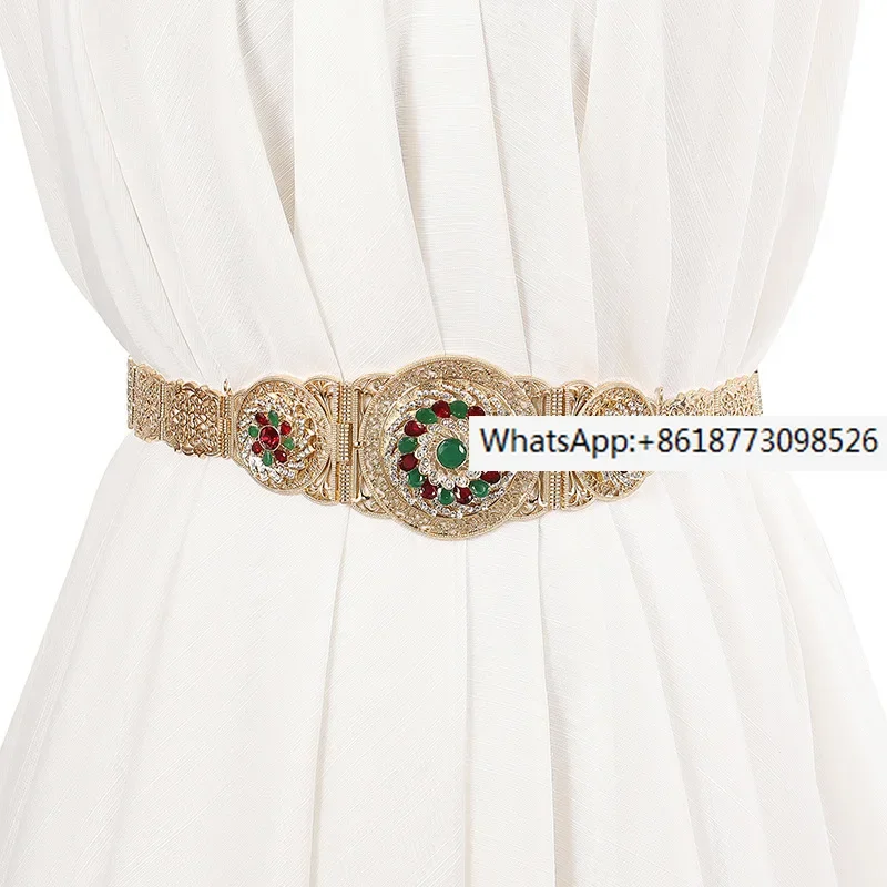

6PCS Arabic style women's robe belt gold red green rhinestone ethnic wedding dress metal waist chain