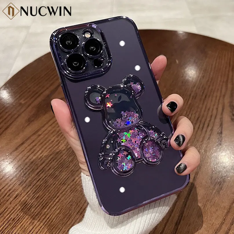 

Cartoon Bear Glitter Quicksand Case For iPhone 11 12 13 14 15 Pro Max X Xs Max 8 Plus Transparent Plating Camera Film Soft Cover