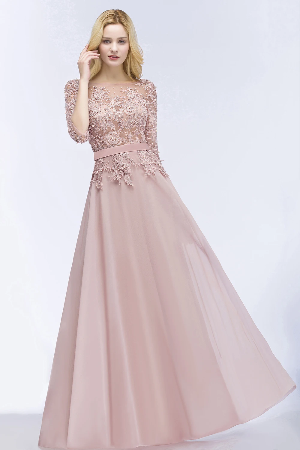 

2024 New A Long Pink Dress with Mustard Embroidery with Floral Patterns on the Front and Back Tops Flowing A Line Evening Dress