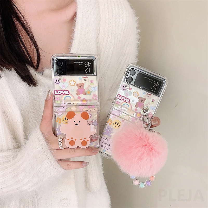 3 in 1 Laser Phone Holder Case For Samsung Galaxy Z Flip 3 5G Hard Cover Cute Bear Pompom Bracelet For ZFlip3 Flip3 Shell Stand samsung galaxy z flip3 case