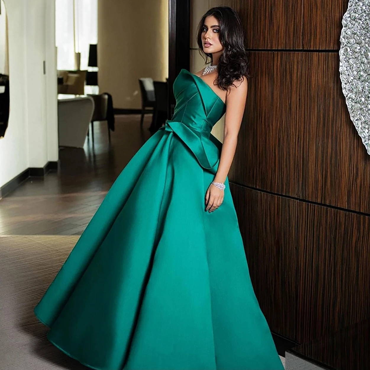 

J71 Elegant Green Fancy Natural Ball-Gown Floor-length Matte Satin Prom Dresses/Long Bridal Cloth/Formal Evening Free Shipping