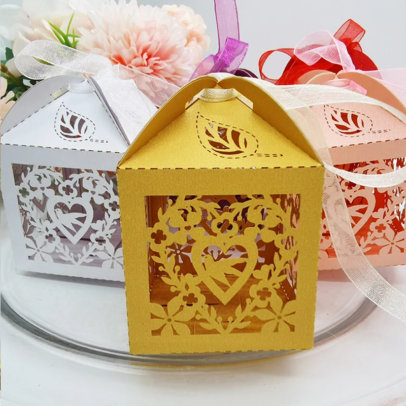 50Pcs Cute Bird Heart Candy Box Con Nastri Ospiti Confezioni Regalo Borse Scatole Matrimonio Wild Birthday Battesimo Forniture Per Decorazioni Per Fes
