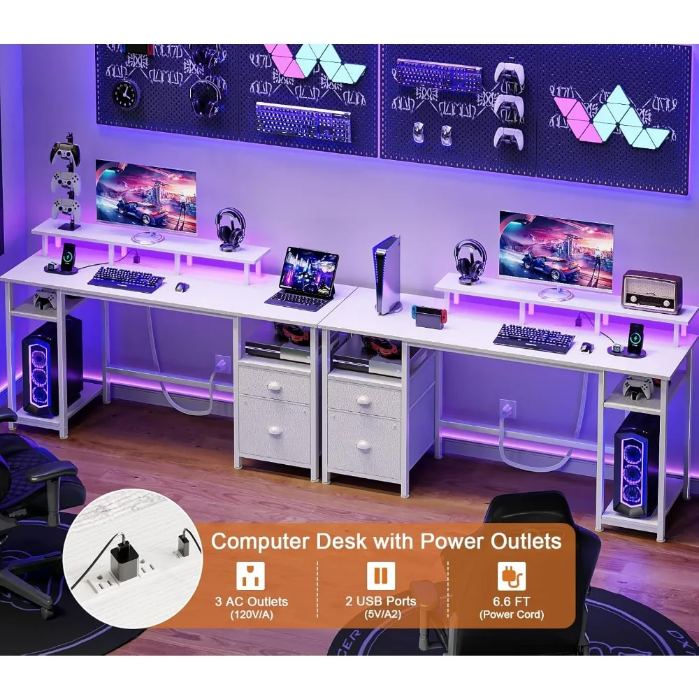 61" Desk with LED Light & Power Outlets, Reversible Computer Table with File Cabinet & Drawer, White Gaming Desk Writing Table