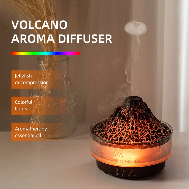 Volcano Aroma Diffuser Ultrasonic Air Humidifier Timer Auto Shut-Off Remote Control Flame Diffusers for Home Bedroom White 1