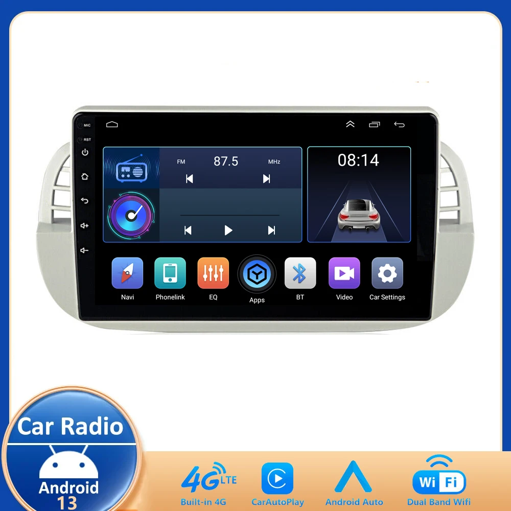 

9''INCH Android 13 Car Radio Stereo for Fiat 500 2007-2015 GPS Navigation SWC Multimedia built-in Carplay Auto WIFI BT DSP