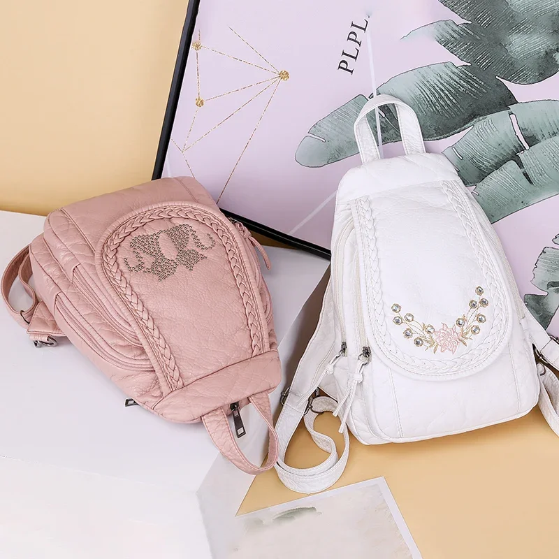 New Fashion Embroidery Women Backpack Rhombic Lattice Pattern Leather Ladies Backpack Lightweight And Soft Backpack