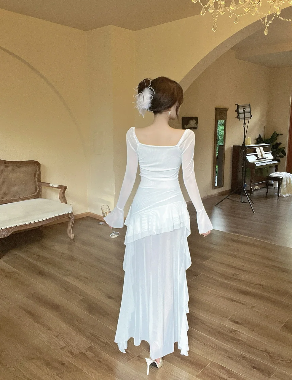 Vestido de fiesta de noche irregular Y2K de malla de manga larga con cuello cuadrado y volantes, corte en A, sexy, moda coreana