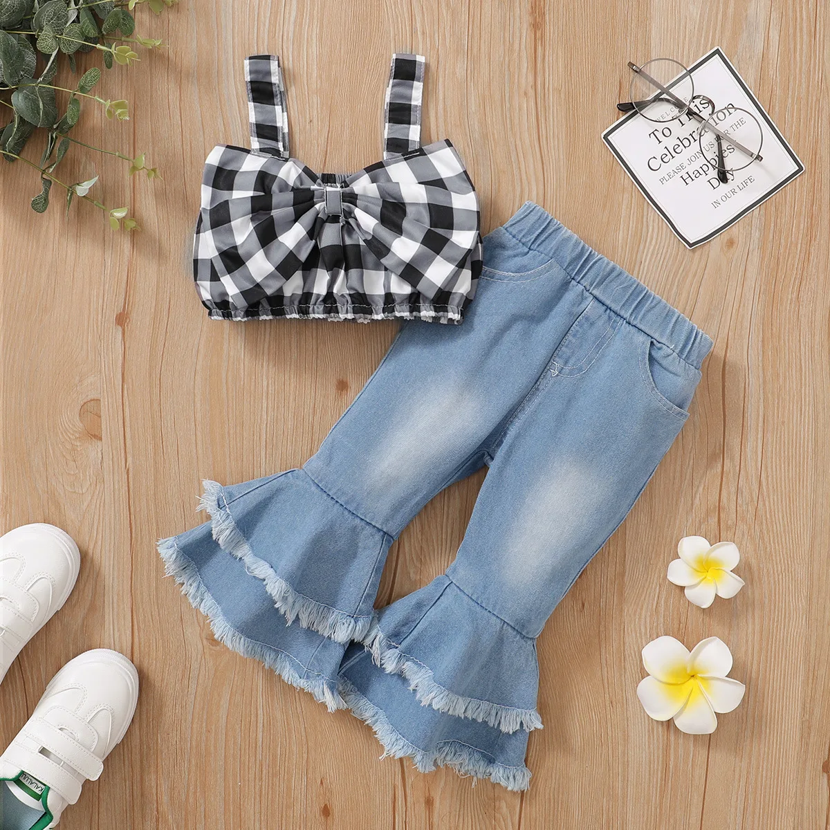 baby clothes mini set Girls children's clothing  summer new baby girl plaid suspender bow top + flared denim trousers girls casual suit baby shirt clothing set