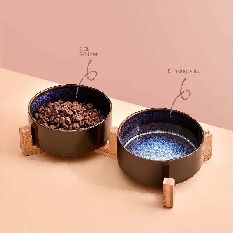 

Starry Ceramic Cat and Dog Bowl Drinking Water Double Bowl with Wooden Frame Protective Cervical Spine Large Dog Pet Supplies