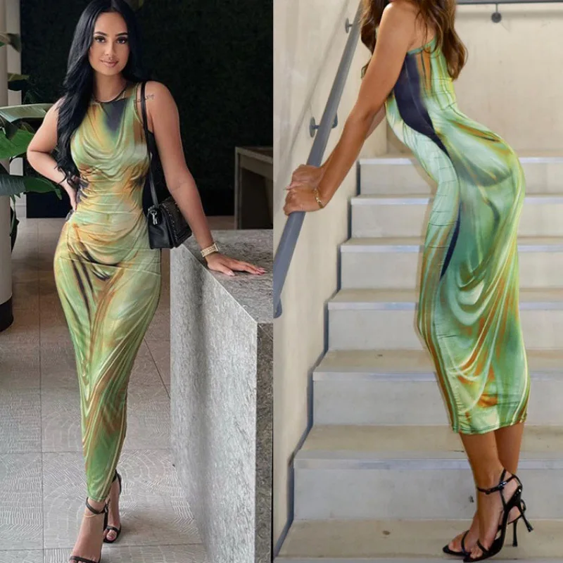 Women's Evening Dress Summer New Fashion Printed Skirt Slim Sexy Slim Sleeveless Dress Women 2024 Dress  Body Sexy Dress