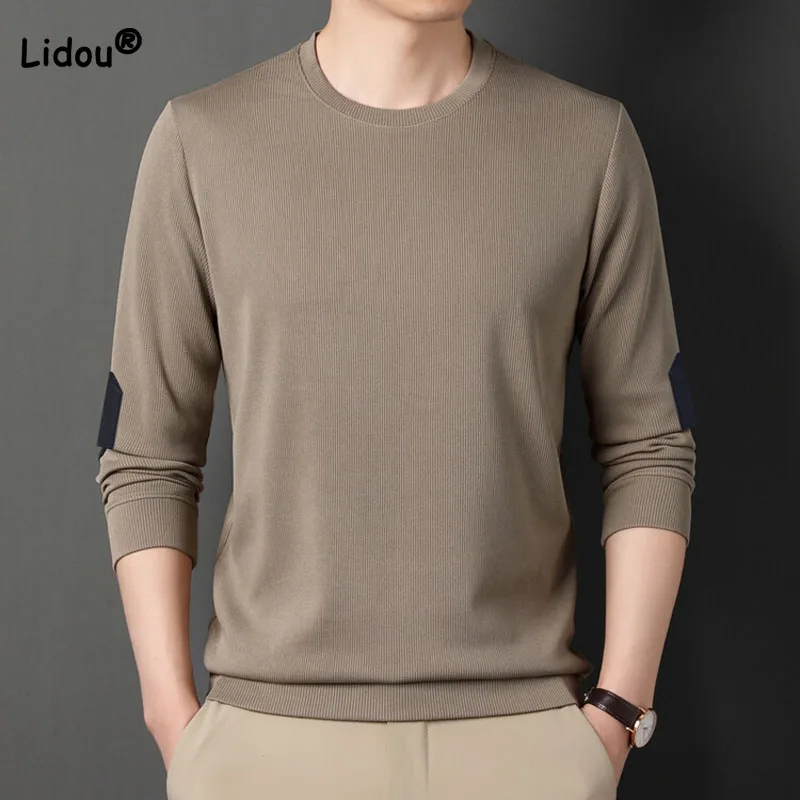 

Male Clothes Fashionable Casual Solid Color Patchwork Tops Spring Autumn Men's Simplicity Long Sleeve Round Neck Trend Pullovers
