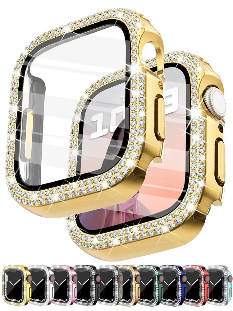

Diamond Cover For Apple watch Case 45mm 41mm 44mm 40mm 44 mm Tempered Glass Bumper Screen Protector iWatch series 9 7 SE 6 8 5