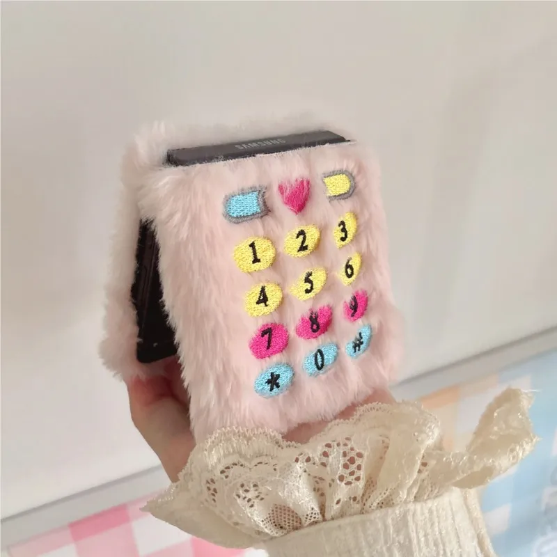 Retro Vintage Fluffy Phone Case - Cute Classic Brick Design Plush Furry Soft Cover