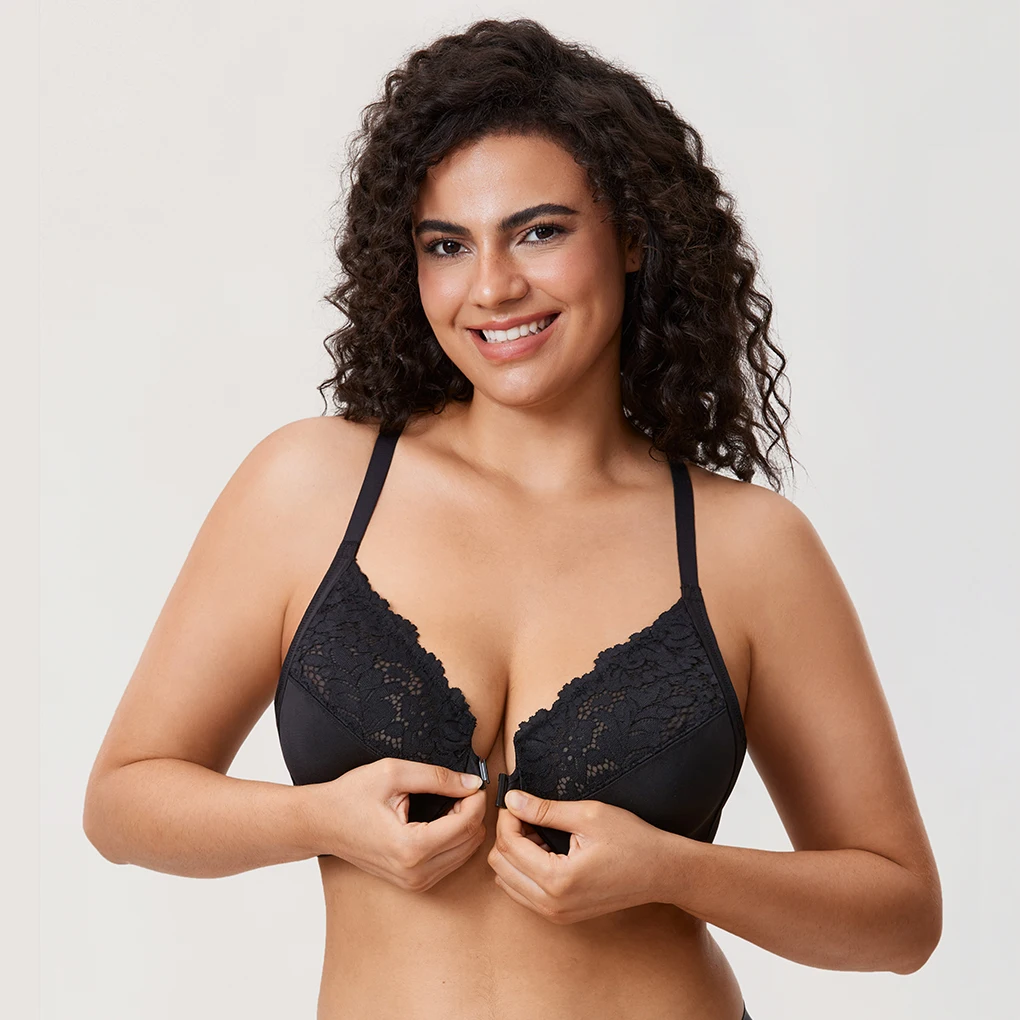 Women's Front Closure Bra Racerback Plus Size Floral Lace Bras Full Coverage Support Underwire Non Padded Unlined B C D DD E F