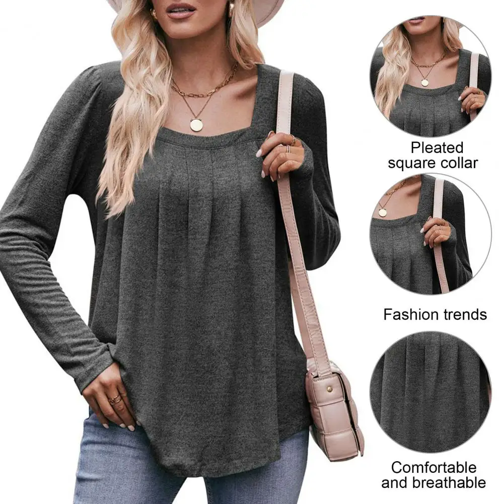 

Breathable Women T-shirt Flowy Square Neck Women's Fall T-shirt Pleated Loose Hem Soft Long Sleeve Pullover for Ladies