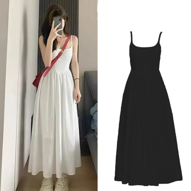 Mode taille haute robe à bretelles femme été décontracté Simple polyvalent longues robes femmes élégant Streetwear robe Camisole 1