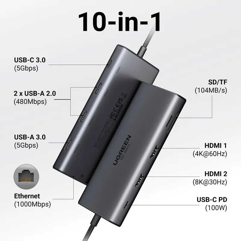 UGREEN Dual HDMI USB-C HUB 8K 4K HDMI Adapter 10 in 1 Splitter with RJ45 USB3.0 PD 100W Dock for MacBook Pro Air Laptop USB HUB - Image 2