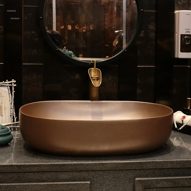 Vintage Golden Art อ่างล้างหน้าห้องน้ําอ่างล้างหน้าบ้านอ่างล้างหน้าเซรามิคเคาน์เตอร์รูปไข่ห้องน้ําอ่างล้างหน้าง่ายโฮมสเตย์ซักผ้าอ่างล้างจาน 1