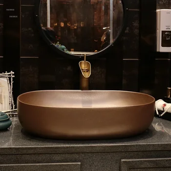 Vintage Golden Art อ่างล้างหน้าห้องน้ําอ่างล้างหน้าบ้านอ่างล้างหน้าเซรามิคเคาน์เตอร์รูปไข่ห้องน้ําอ่างล้างหน้าง่ายโฮมสเตย์ซักผ้าอ่างล้างจาน 1